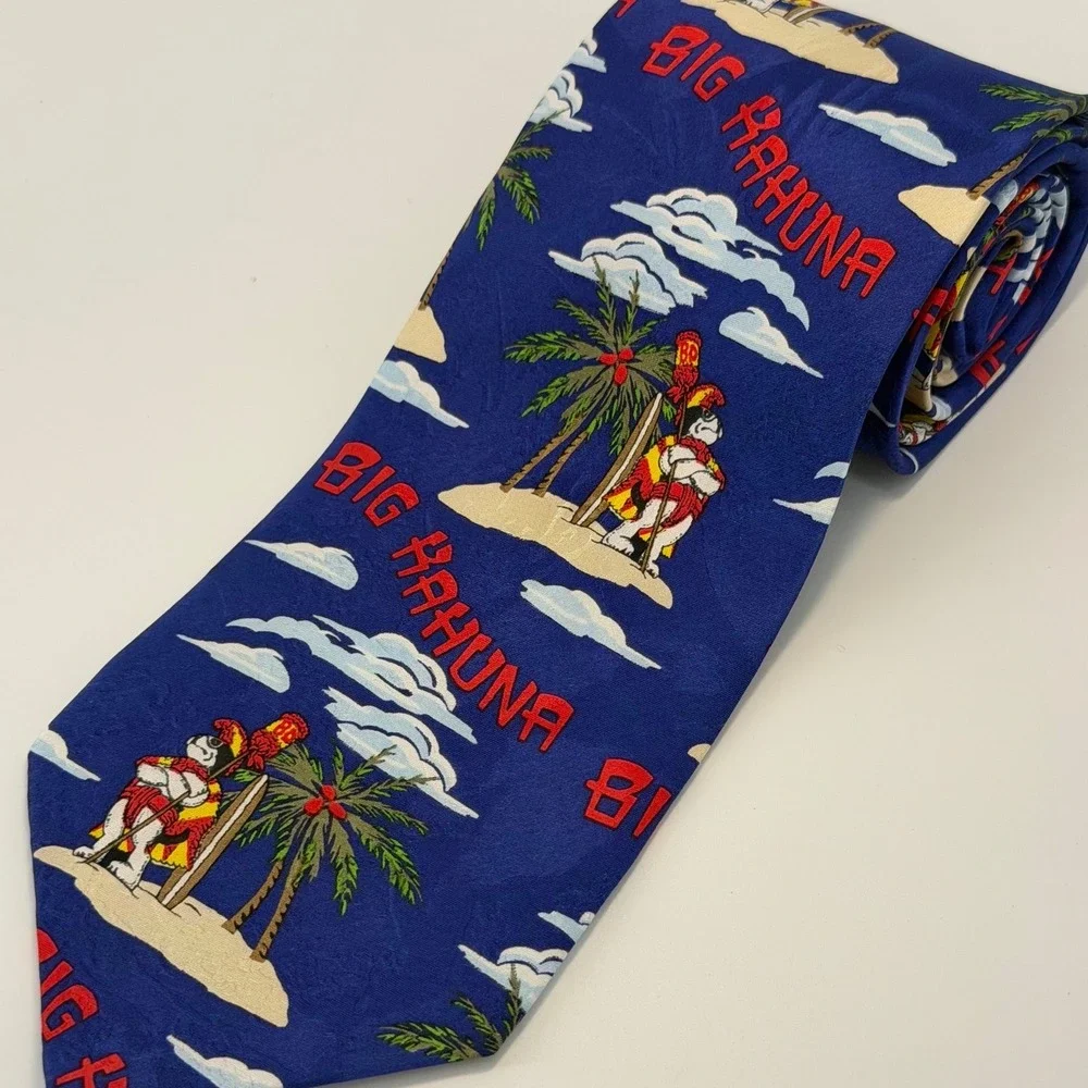 Vintage Big Dogs Mens Big Kahuna Tropical Island Blue Silk‎ Graphic Necktie 0817